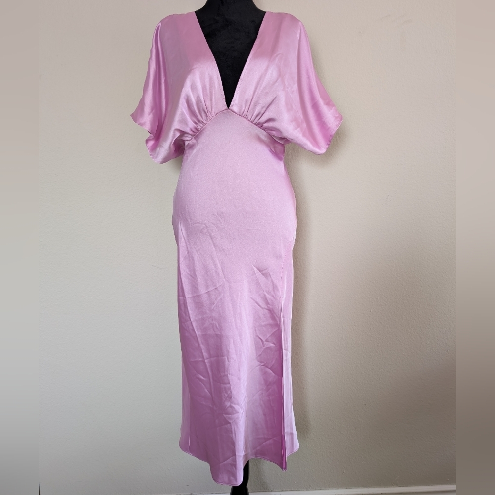 BHLDN Leila Stretch Satin Deep-V Midi Dress Medium